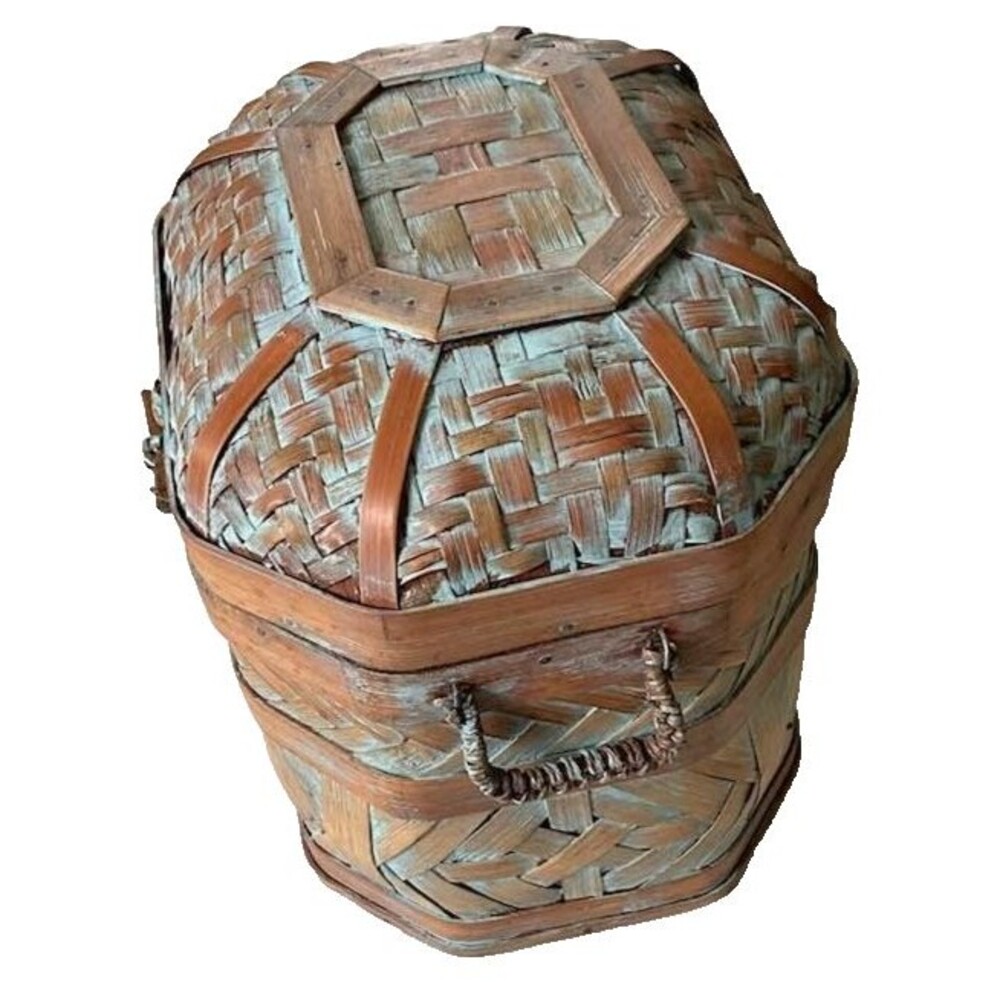 Chinese Woven Rattan Chest Basket Storage Lid Wedding Handle Decor Blue Washwash - Picture 3 of 12
